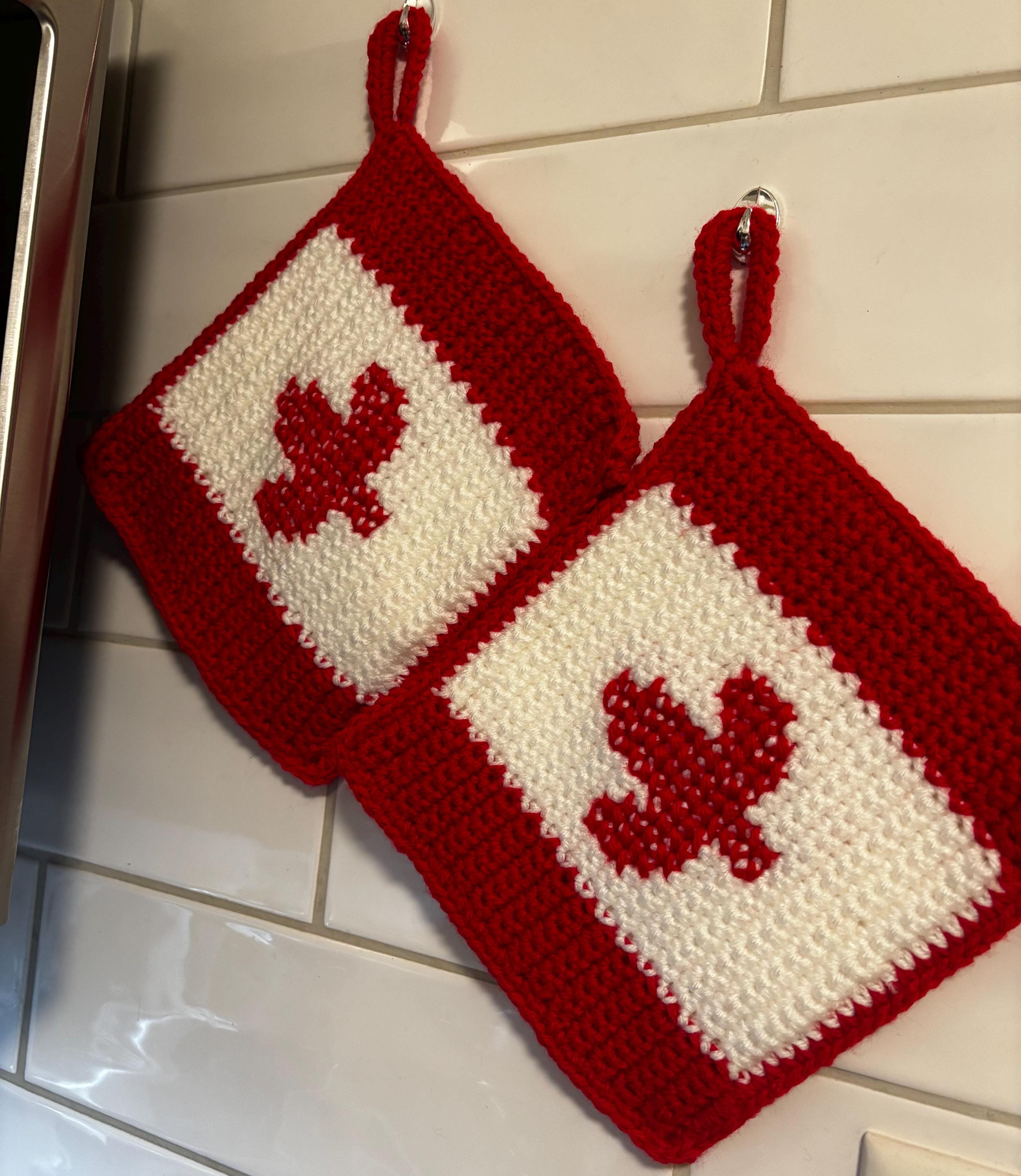 Canadian flag crochet pot holders.