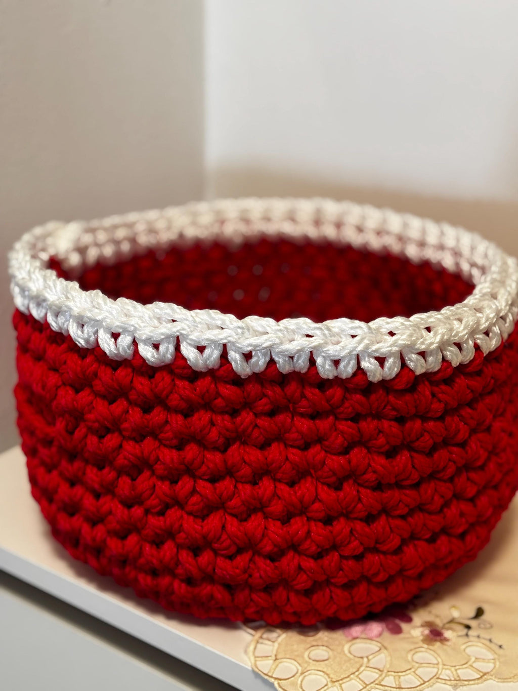 Crochet Basket: Handmade Storage, Red/White/Green