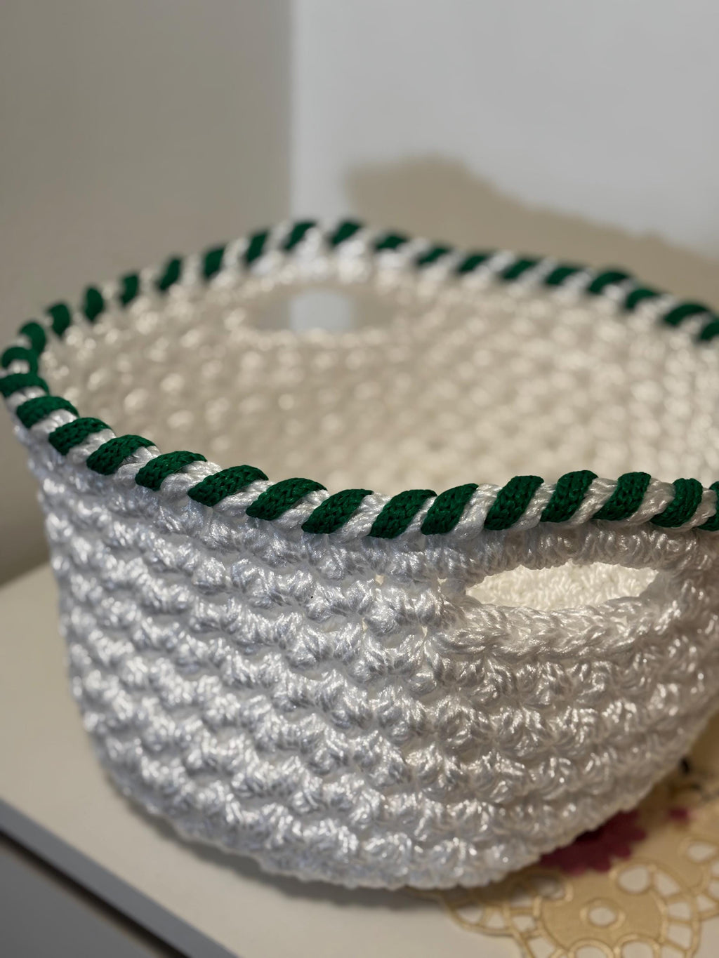 Crochet Basket: Handmade Storage, Red/White/Green