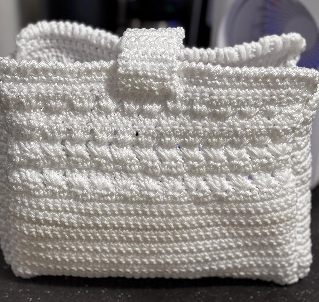 Crochet Handbag: White Knit Purse - 28x9x20cm