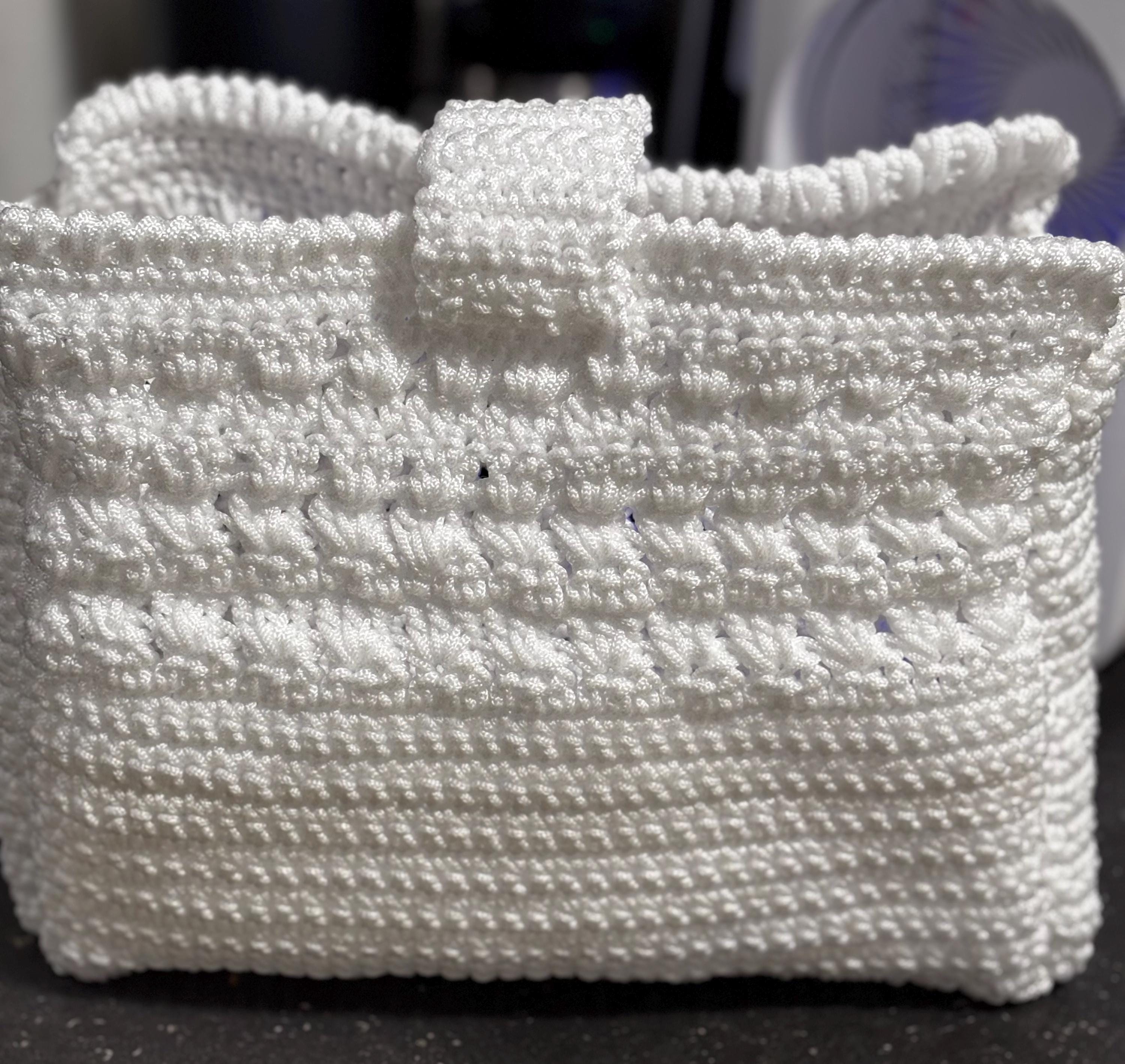 Crochet Handbag: White Knit Purse - 28x9x20cm