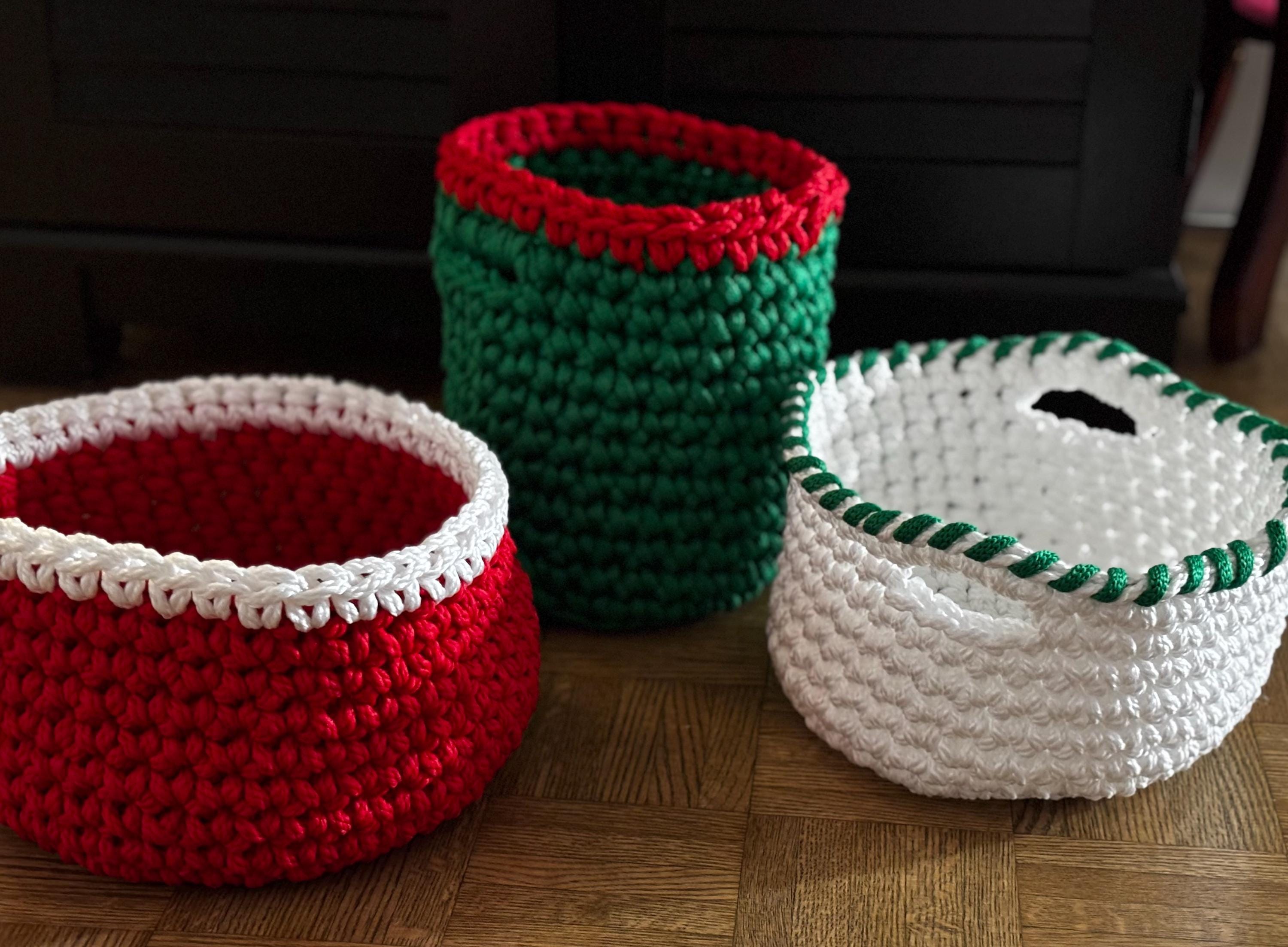 Crochet Basket: Handmade Storage, Red/White/Green