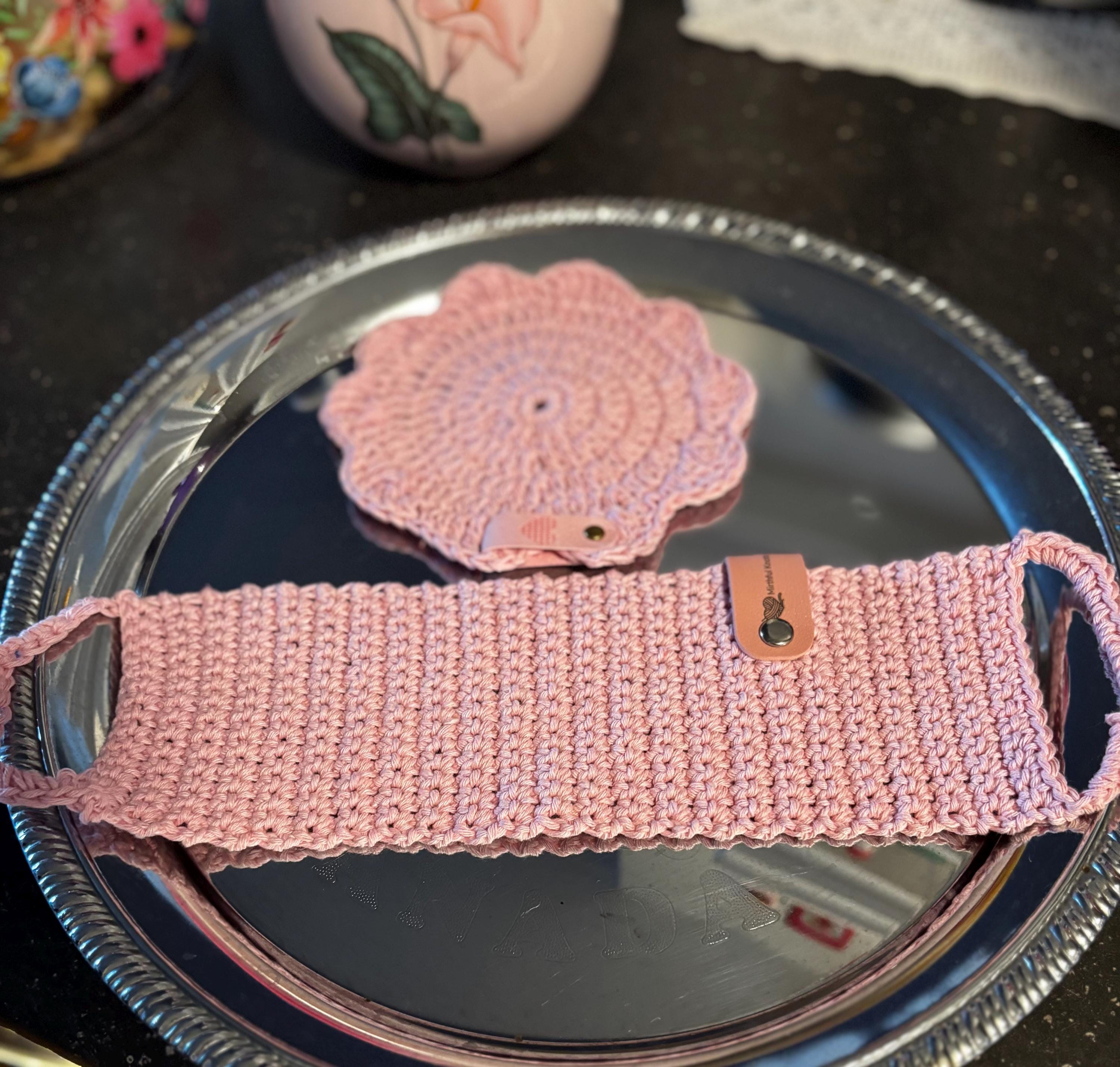 Crochet mug sleeve and coaster set.