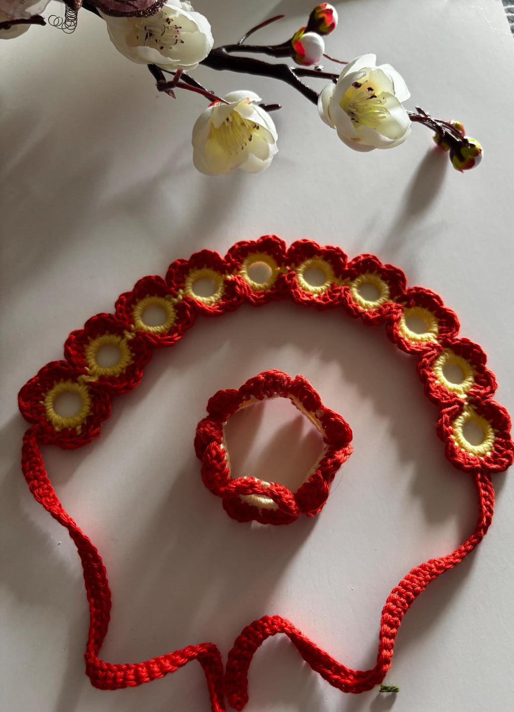 Crochet headband and bracelet set.