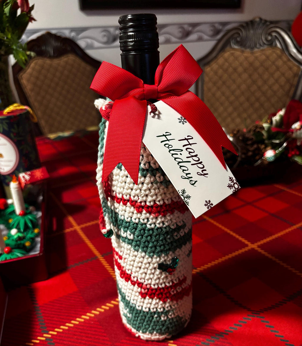 Crochet wine bottle sleeve.