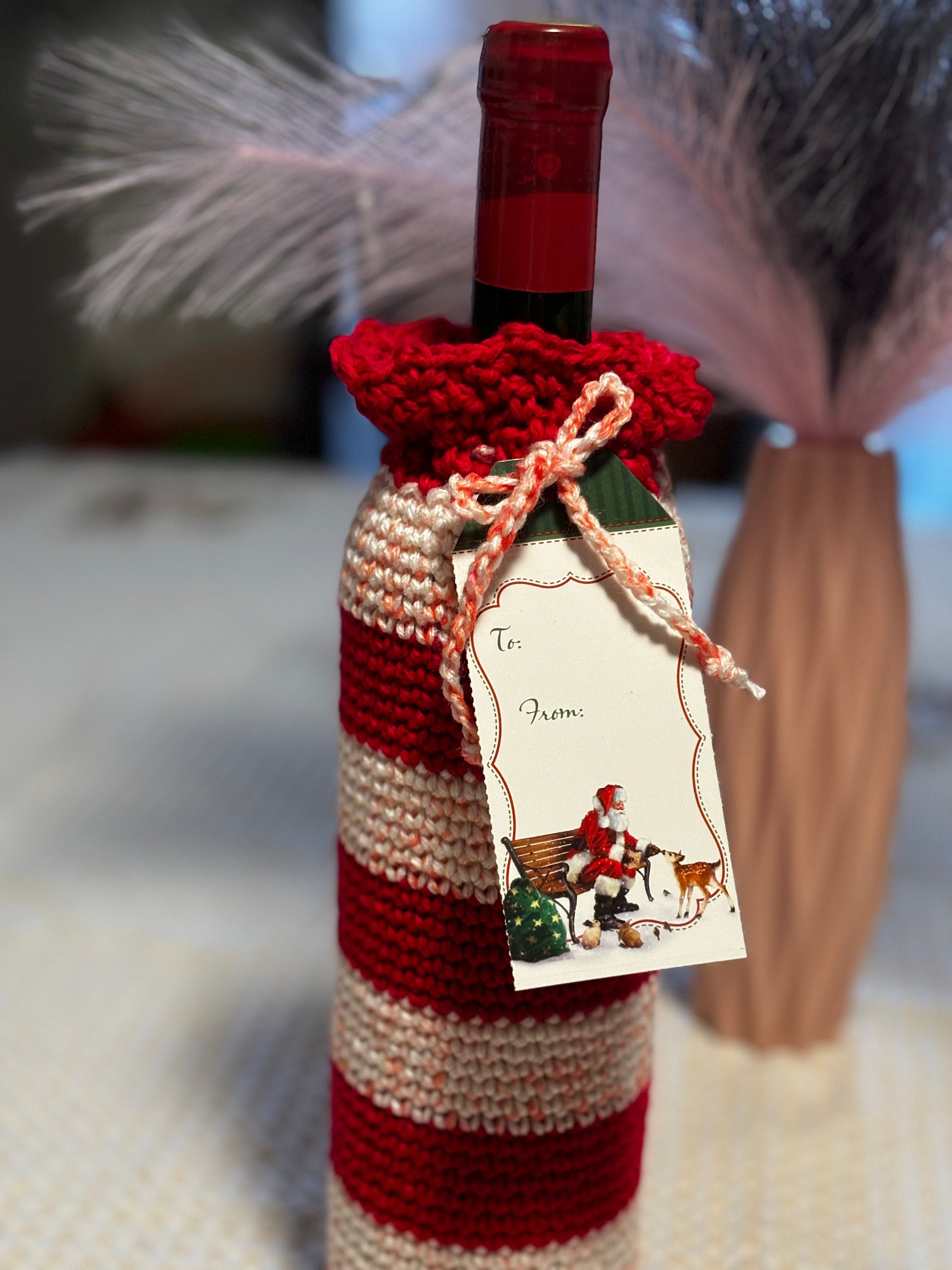 Crochet wine bottle sleeve.