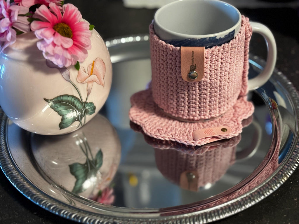 Crochet mug sleeve and coaster set.