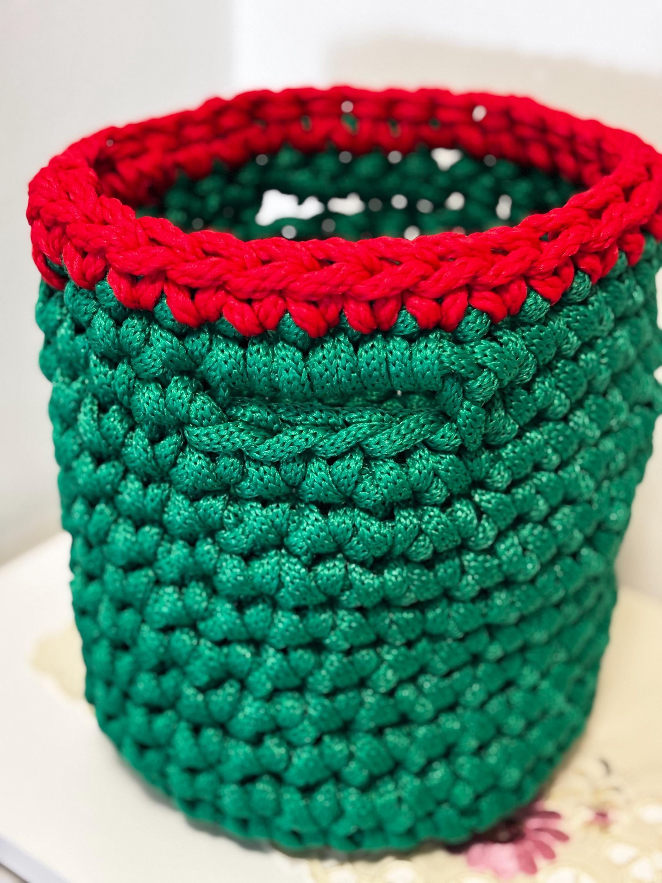Crochet Basket: Handmade Storage, Red/White/Green