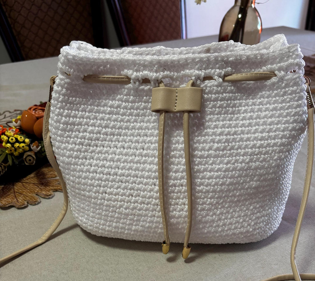 White Crochet Handbag with Leather Straps
